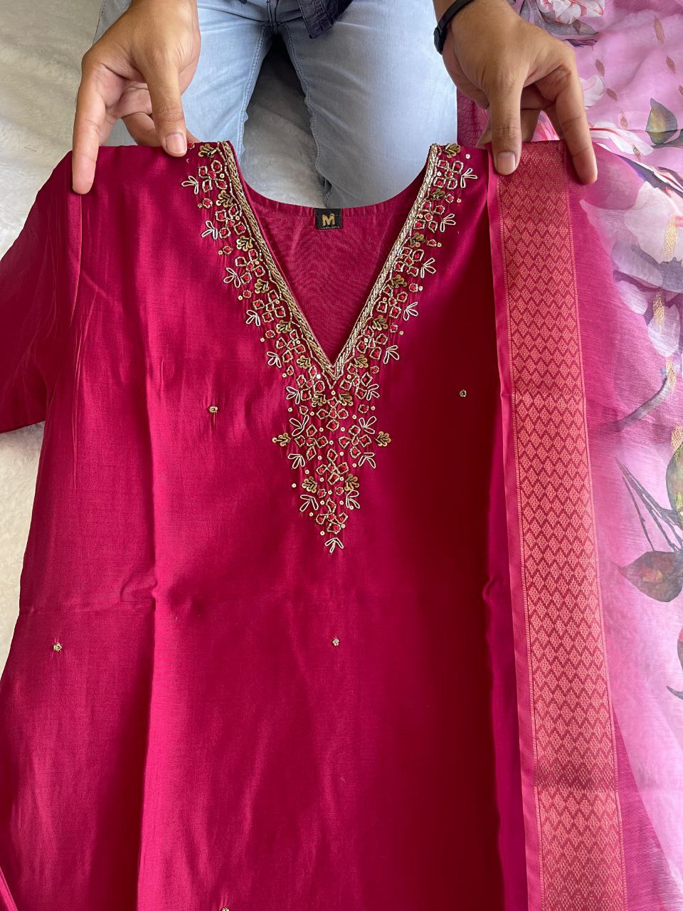 Elegant Rani Pink Roman Silk Handworked Kurta Pant Dupatta Set - INDIAN ELEGANCE