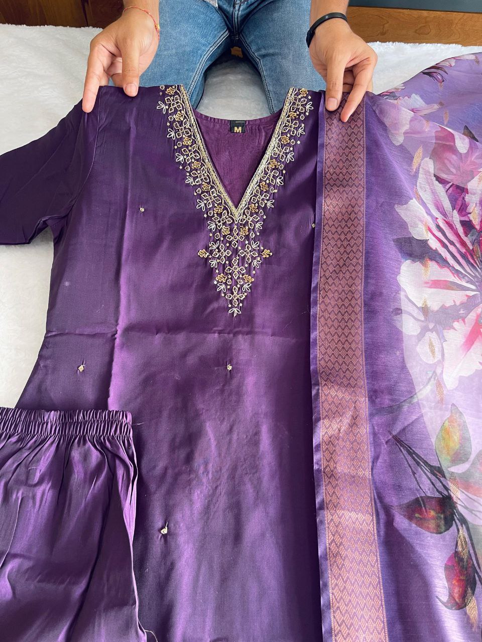Lovely Purpleberry Roman Silk Handworked Kurta Pant Dupatta Set - INDIAN ELEGANCE