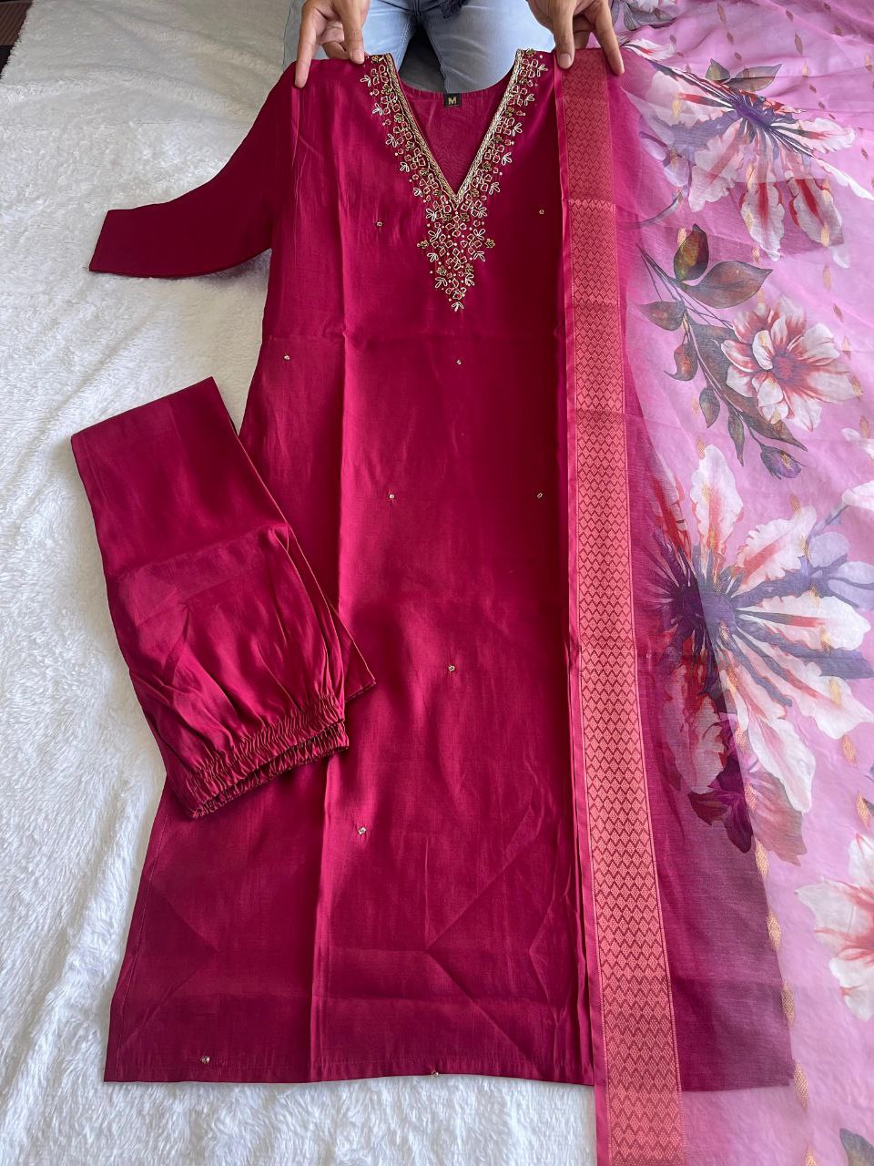 Elegant Rani Pink Roman Silk Handworked Kurta Pant Dupatta Set - INDIAN ELEGANCE