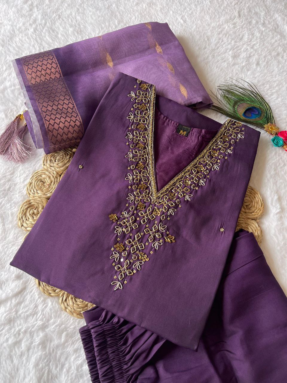 Entrancing Wine Roman Silk Handworked Kurta Pant Dupatta Set - INDIAN ELEGANCE