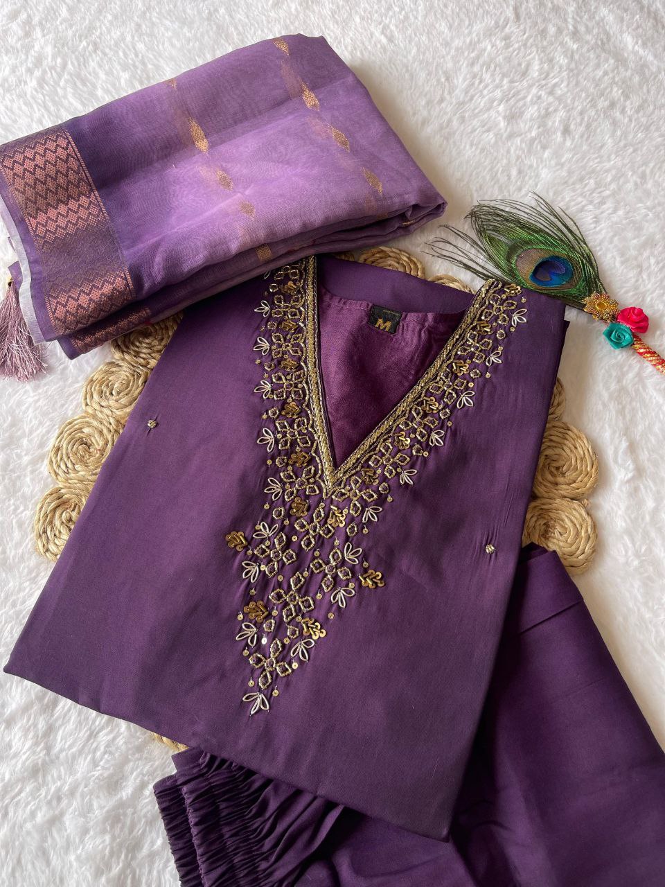 Entrancing Wine Roman Silk Handworked Kurta Pant Dupatta Set - INDIAN ELEGANCE