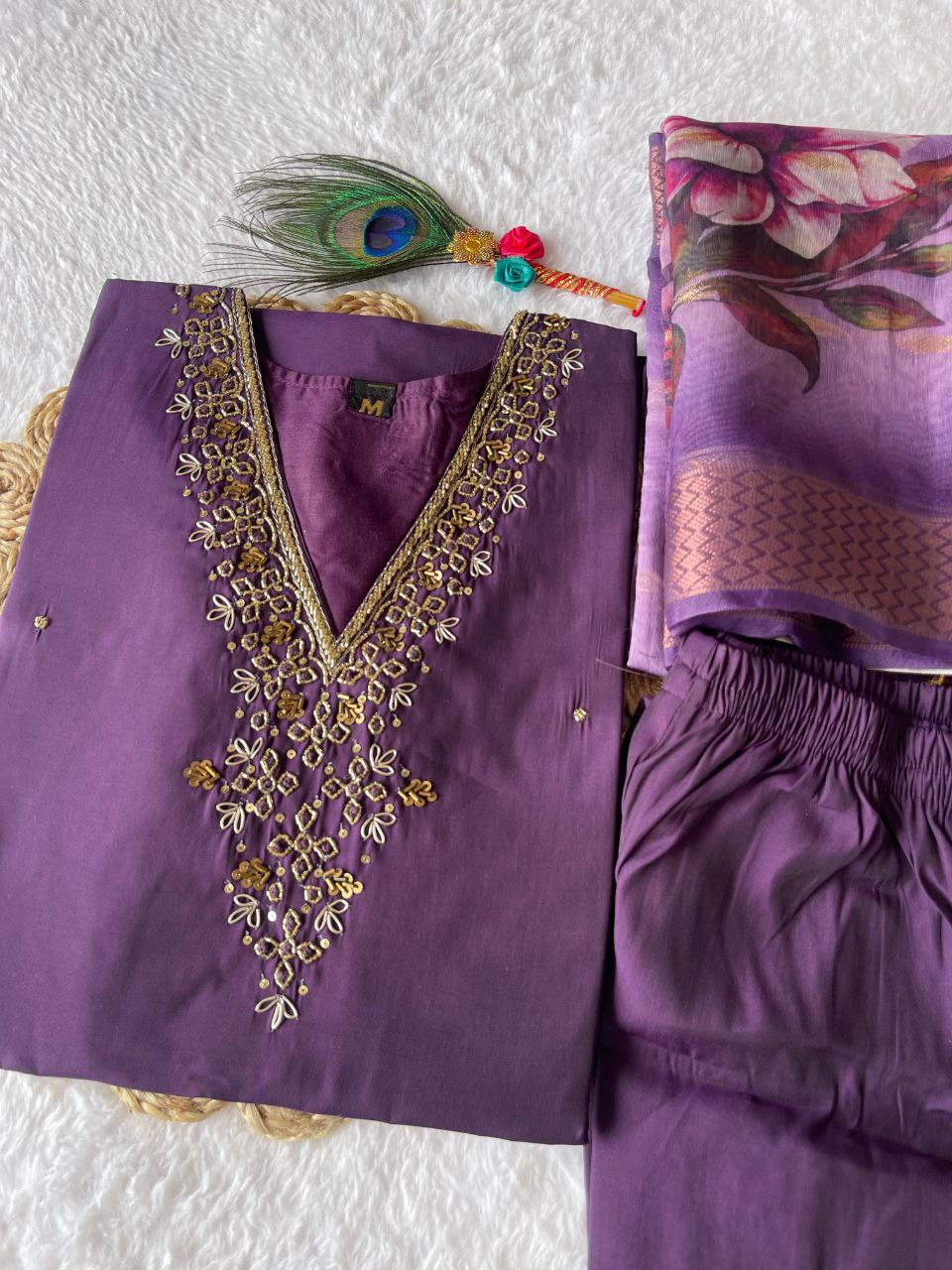 Entrancing Wine Roman Silk Handworked Kurta Pant Dupatta Set - INDIAN ELEGANCE