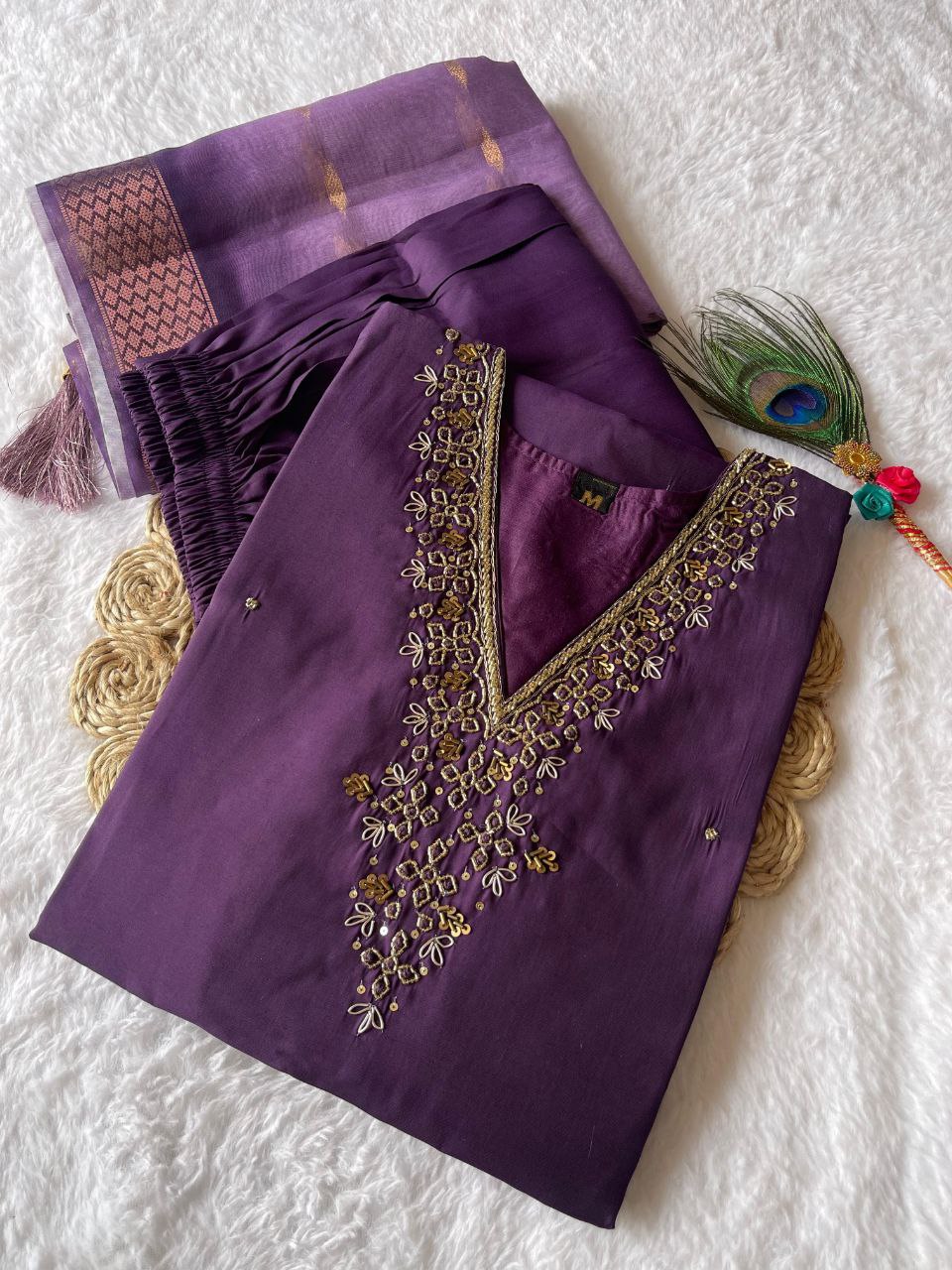 Entrancing Wine Roman Silk Handworked Kurta Pant Dupatta Set - INDIAN ELEGANCE