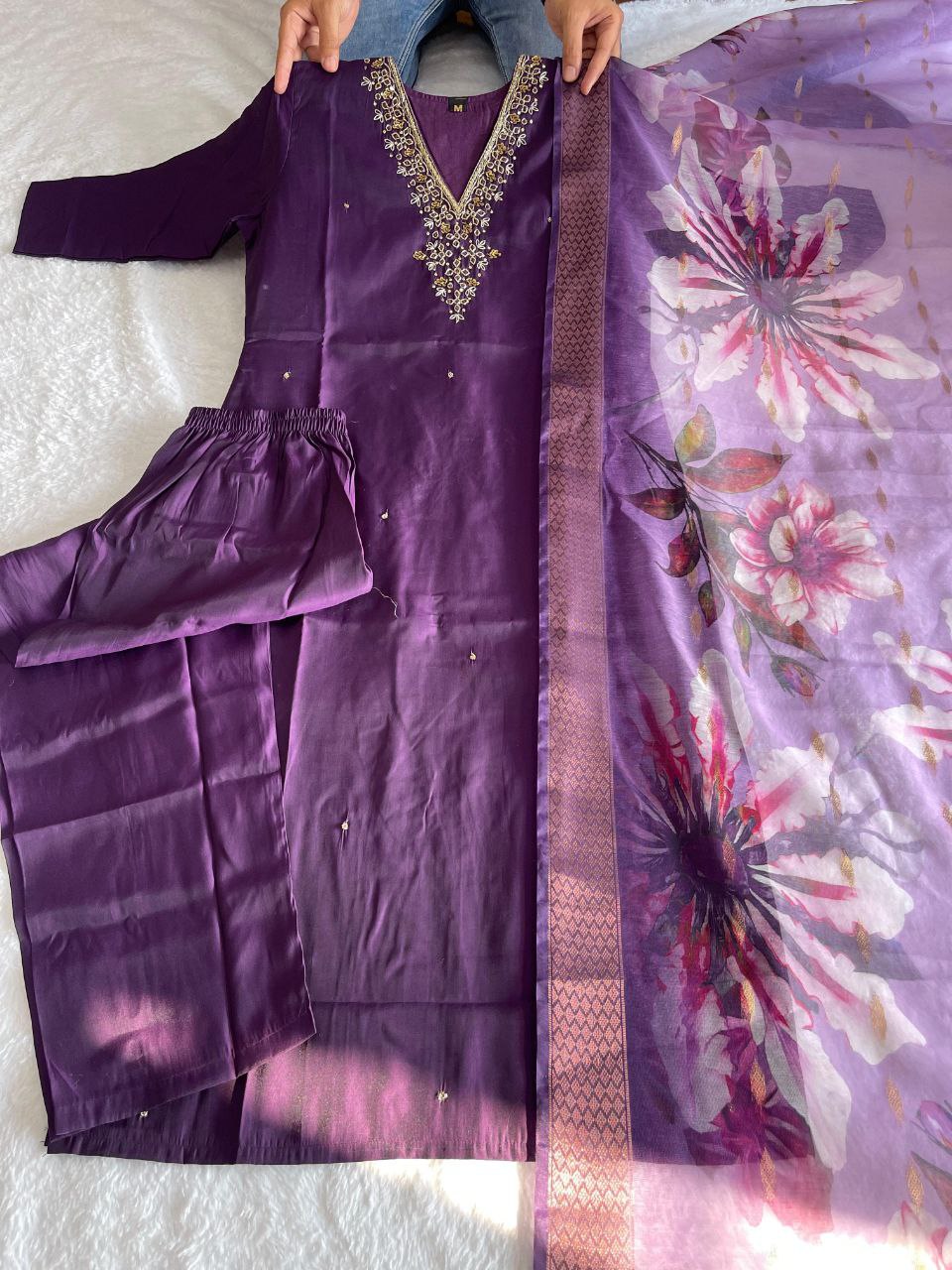 Entrancing Wine Roman Silk Handworked Kurta Pant Dupatta Set - INDIAN ELEGANCE