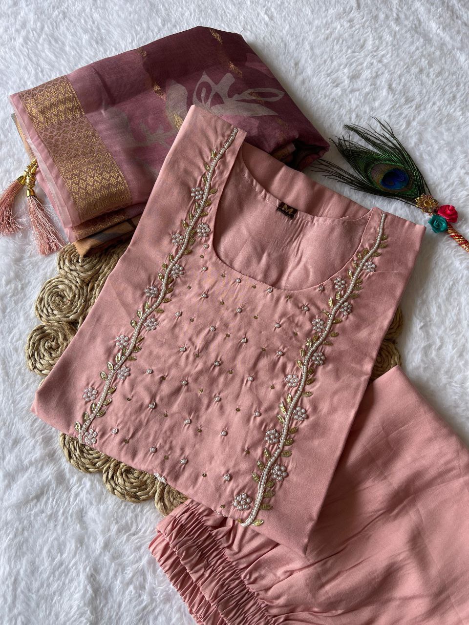 Shimmering Light Pink Roman Silk Handworked Kurta Pant Dupatta Set - INDIAN ELEGANCE