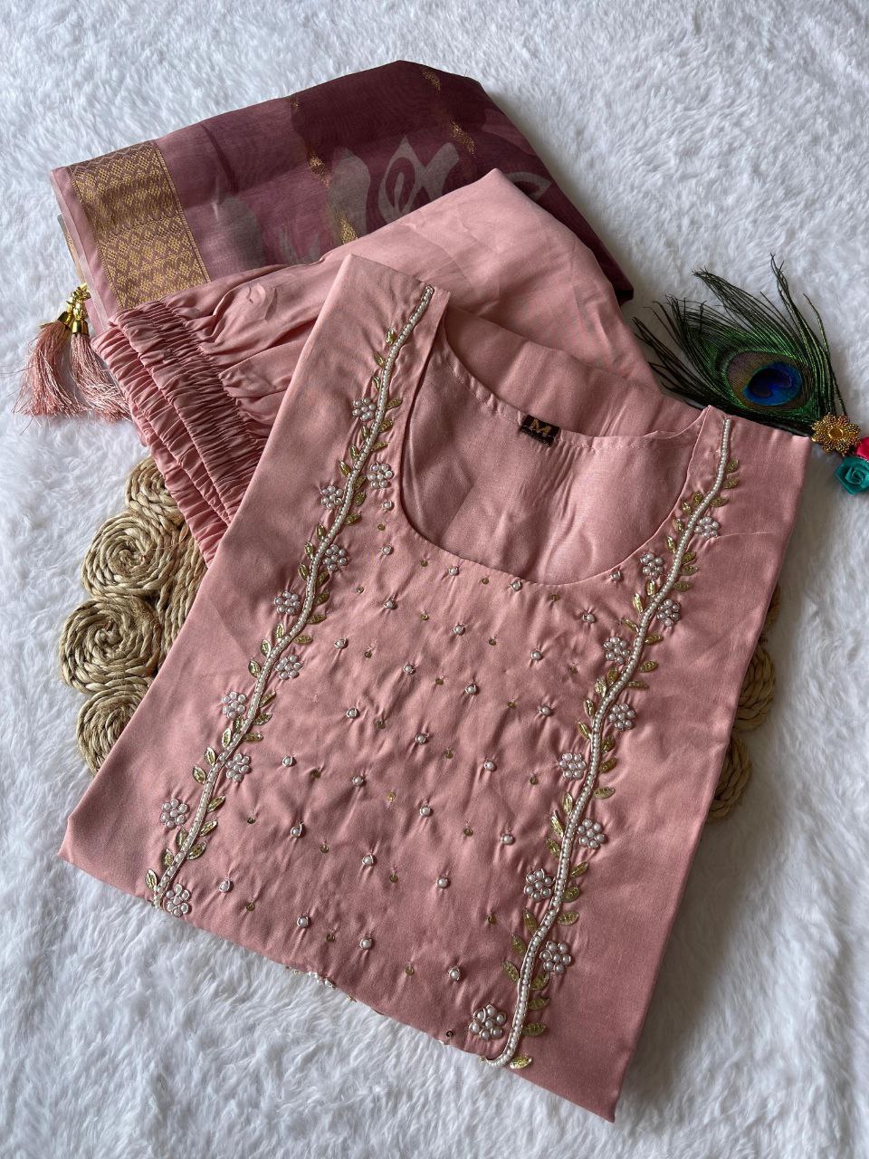 Shimmering Light Pink Roman Silk Handworked Kurta Pant Dupatta Set - INDIAN ELEGANCE