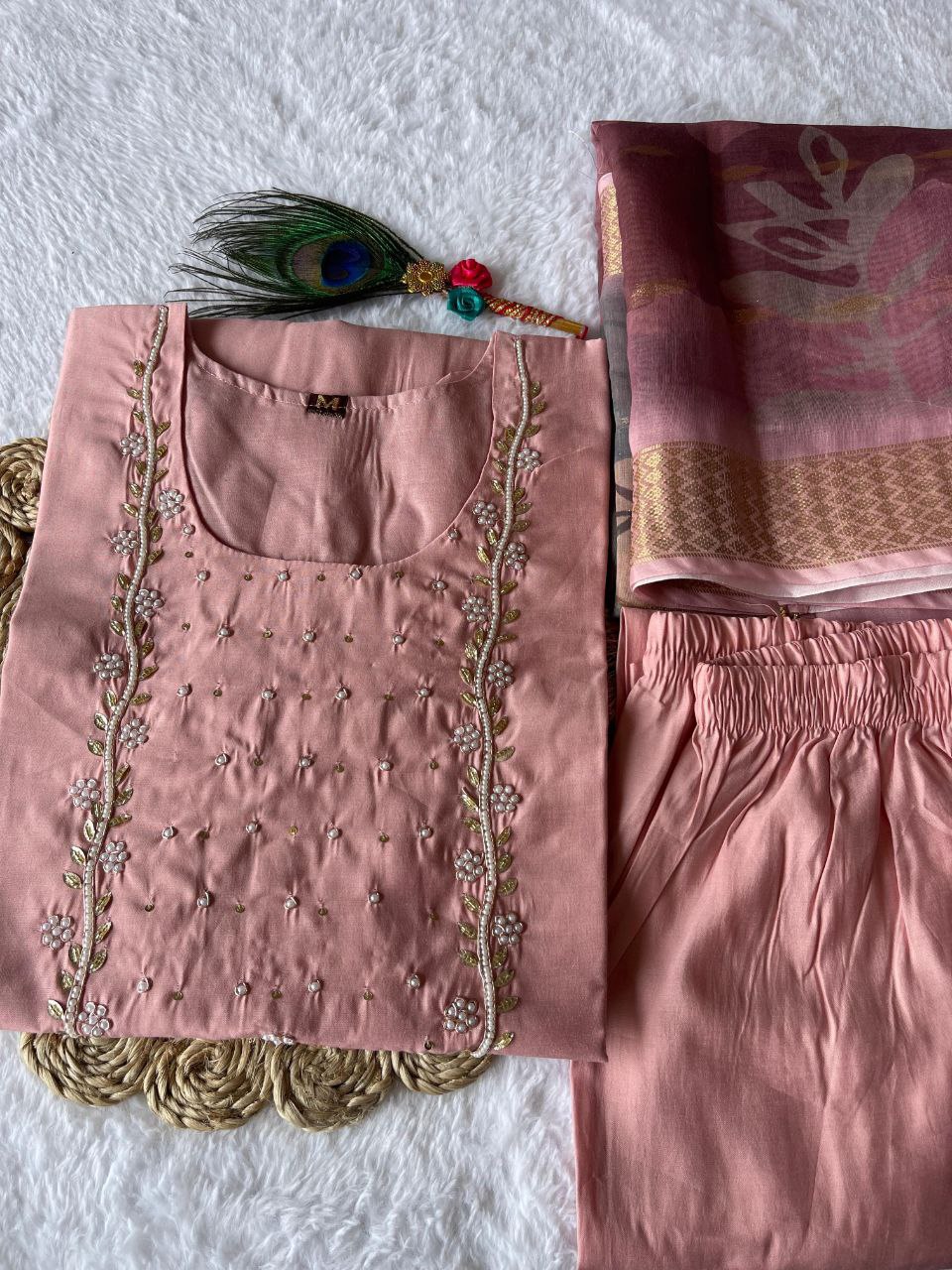 Shimmering Light Pink Roman Silk Handworked Kurta Pant Dupatta Set - INDIAN ELEGANCE