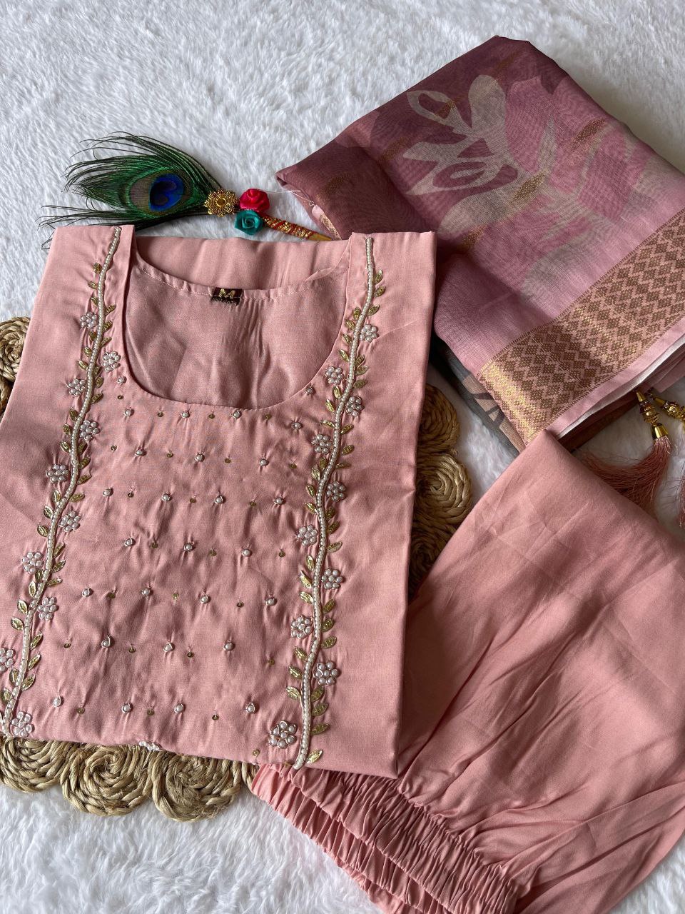 Shimmering Light Pink Roman Silk Handworked Kurta Pant Dupatta Set - INDIAN ELEGANCE