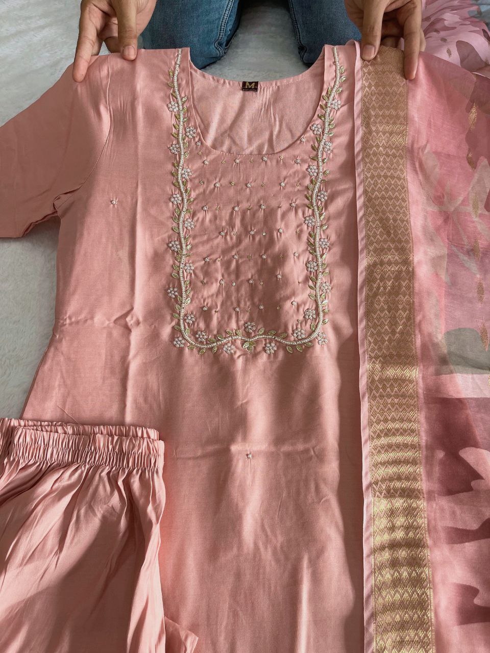 Shimmering Light Pink Roman Silk Handworked Kurta Pant Dupatta Set - INDIAN ELEGANCE