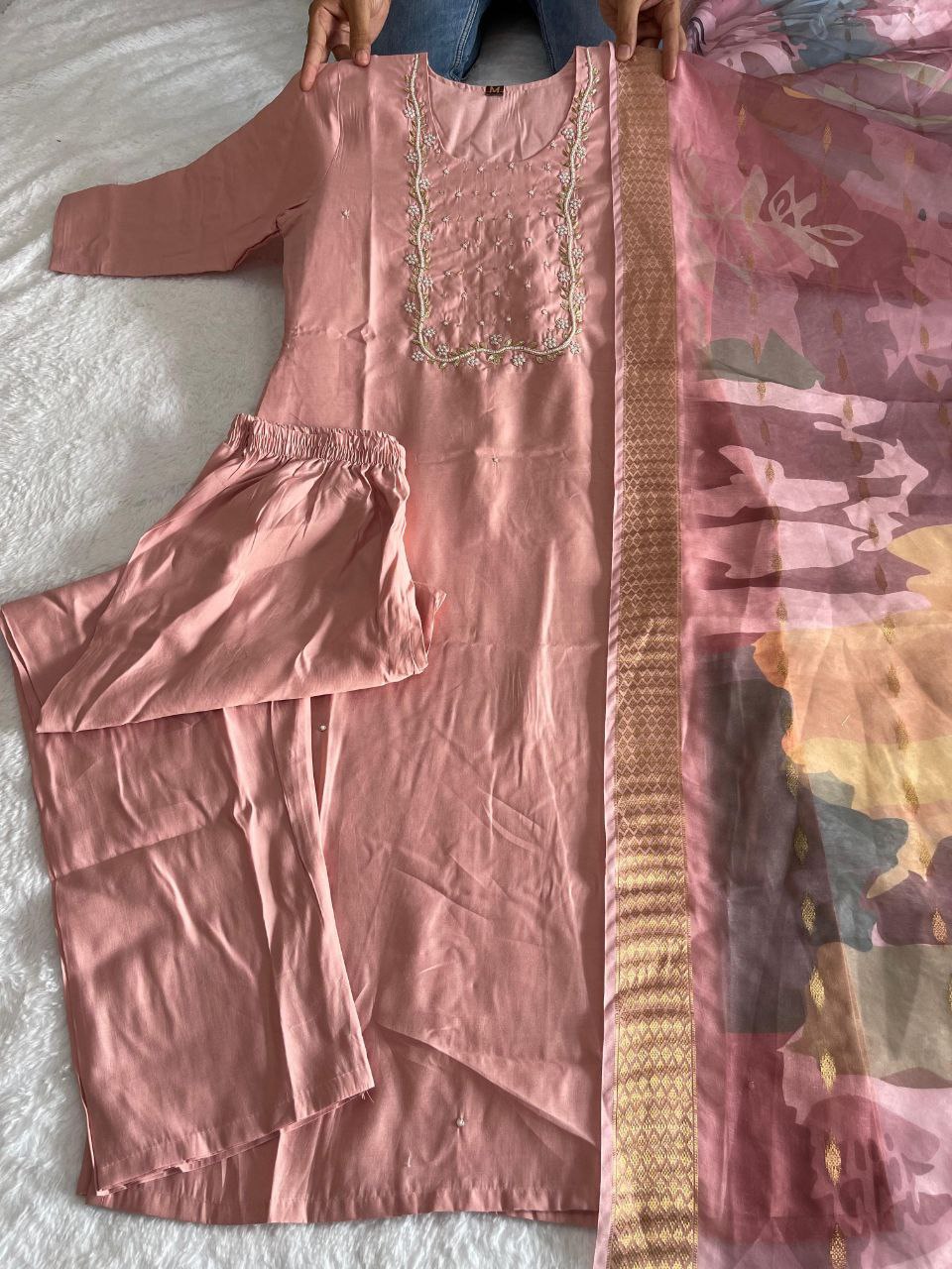 Shimmering Light Pink Roman Silk Handworked Kurta Pant Dupatta Set - INDIAN ELEGANCE