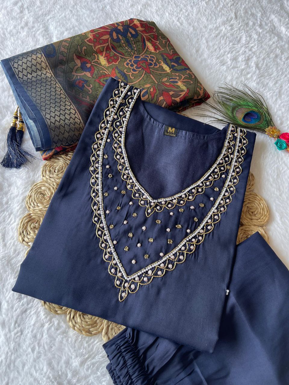 Glorious Navy Blue Roman Silk Handworked Kurta Pant Dupatta Set - INDIAN ELEGANCE