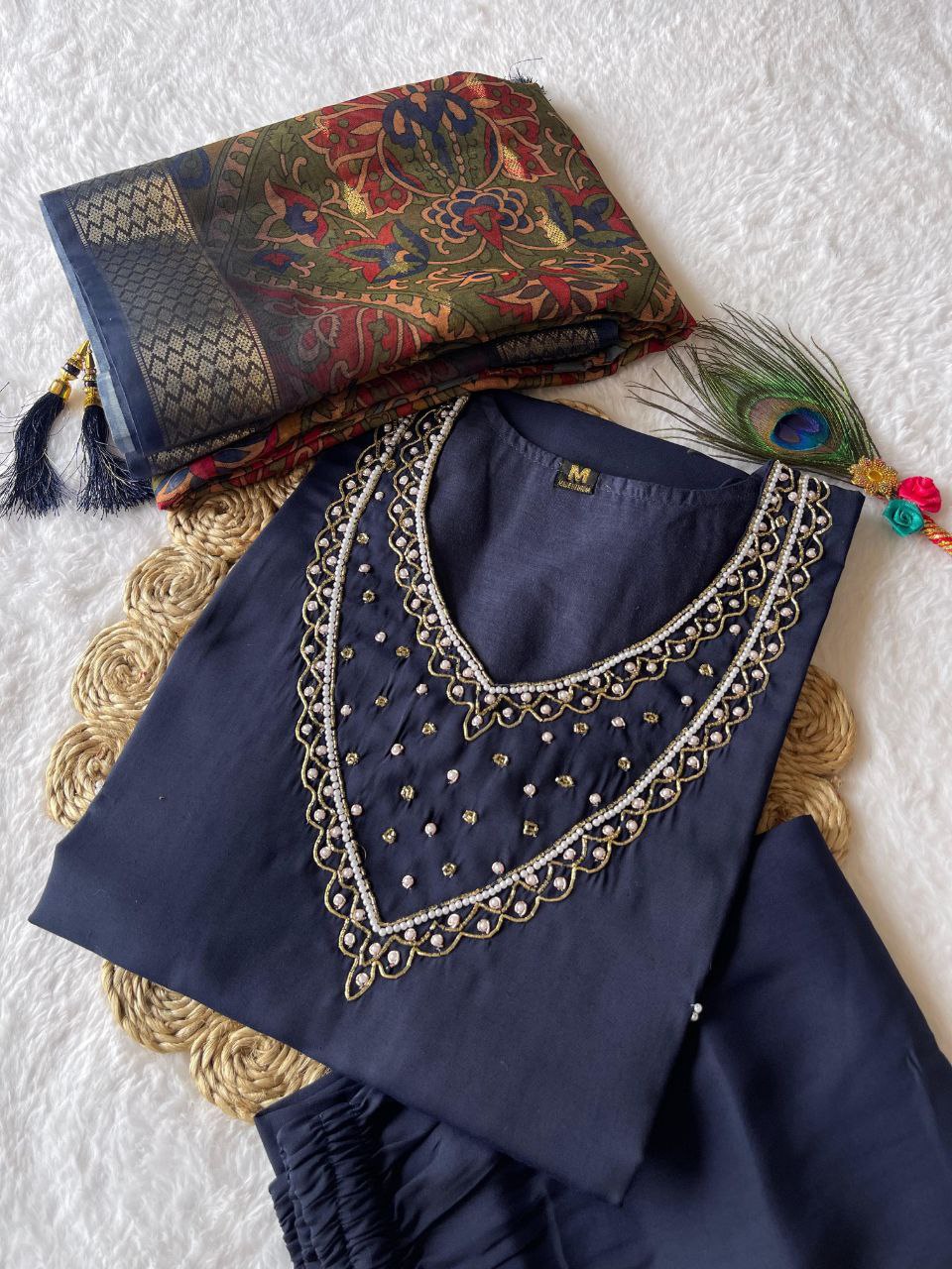 Glorious Navy Blue Roman Silk Handworked Kurta Pant Dupatta Set - INDIAN ELEGANCE