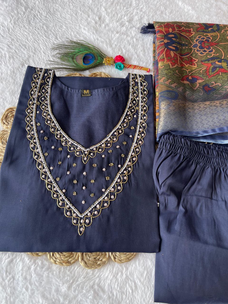 Glorious Navy Blue Roman Silk Handworked Kurta Pant Dupatta Set - INDIAN ELEGANCE