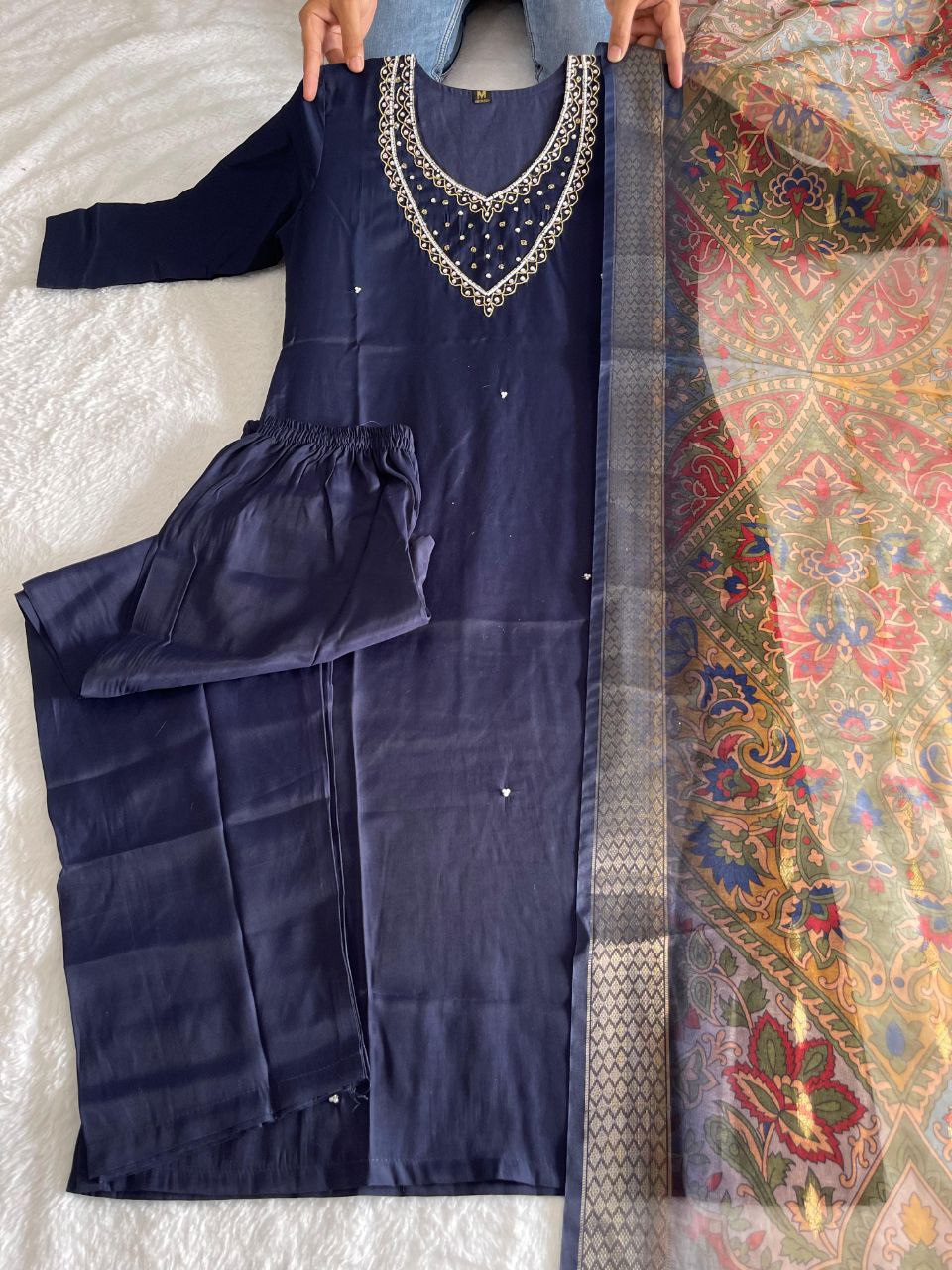 Glorious Navy Blue Roman Silk Handworked Kurta Pant Dupatta Set - INDIAN ELEGANCE