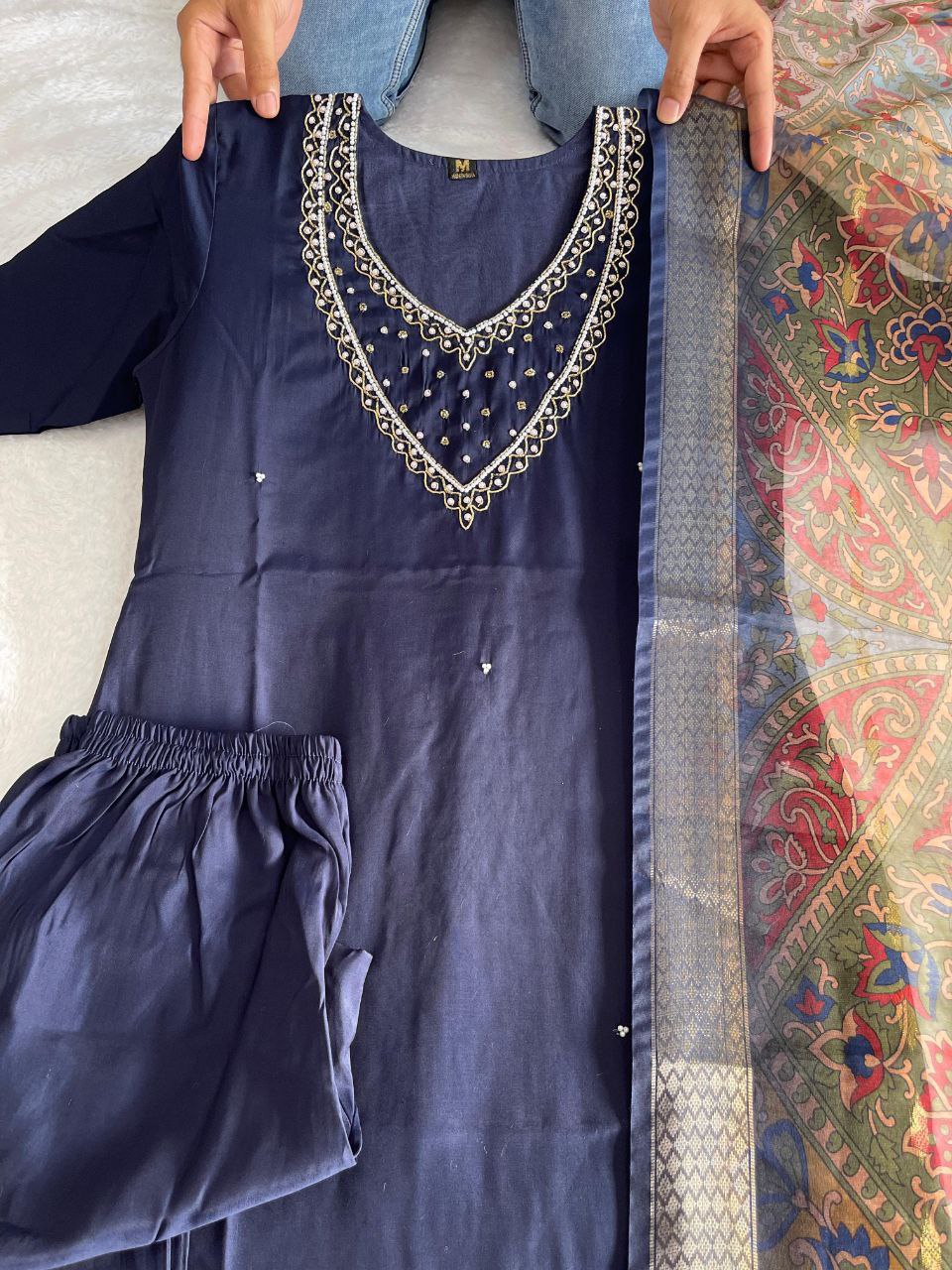 Glorious Navy Blue Roman Silk Handworked Kurta Pant Dupatta Set - INDIAN ELEGANCE