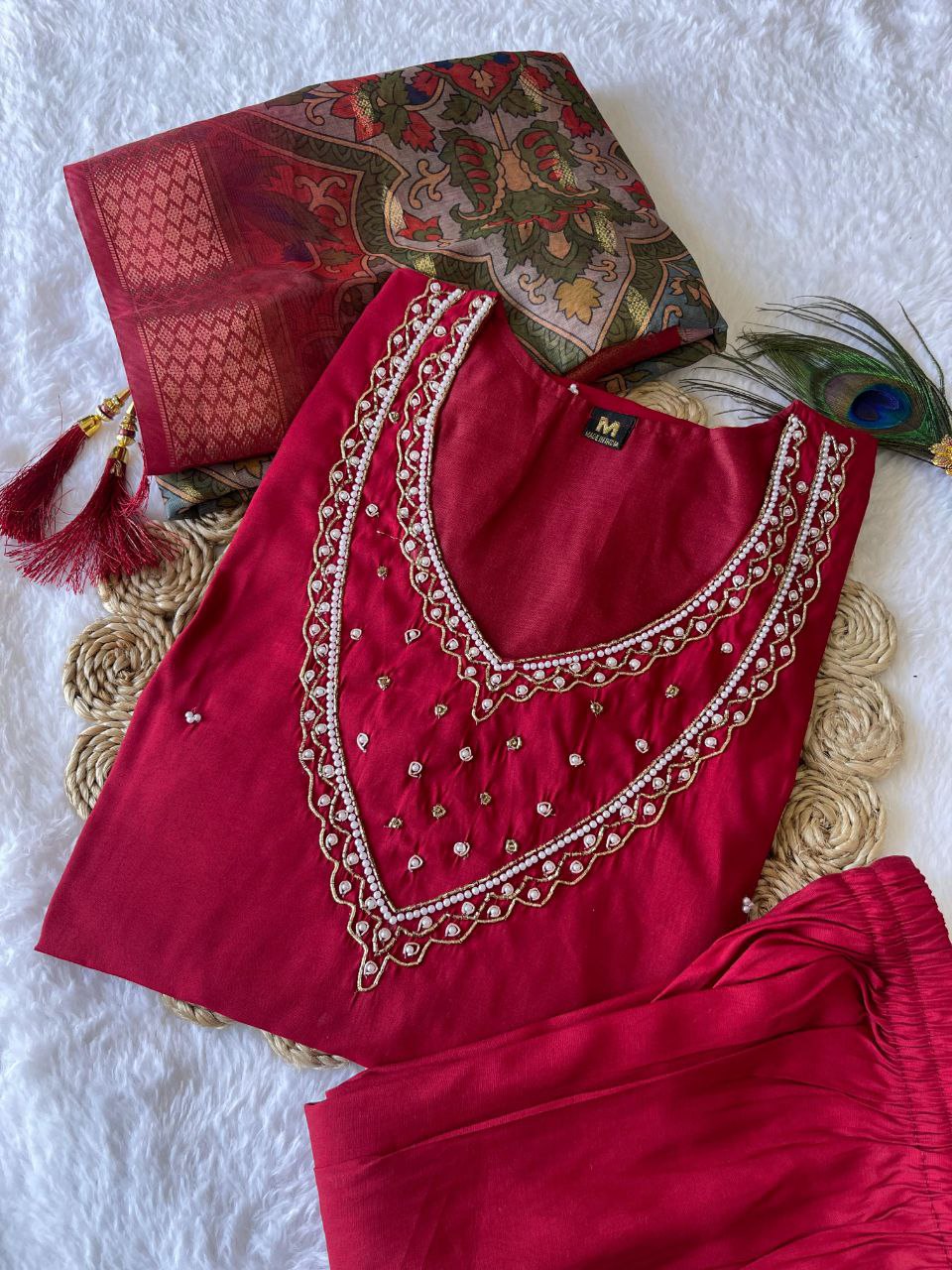 Ethereal Rani Pink Roman Silk Handworked Kurta Pant Dupatta Set - INDIAN ELEGANCE