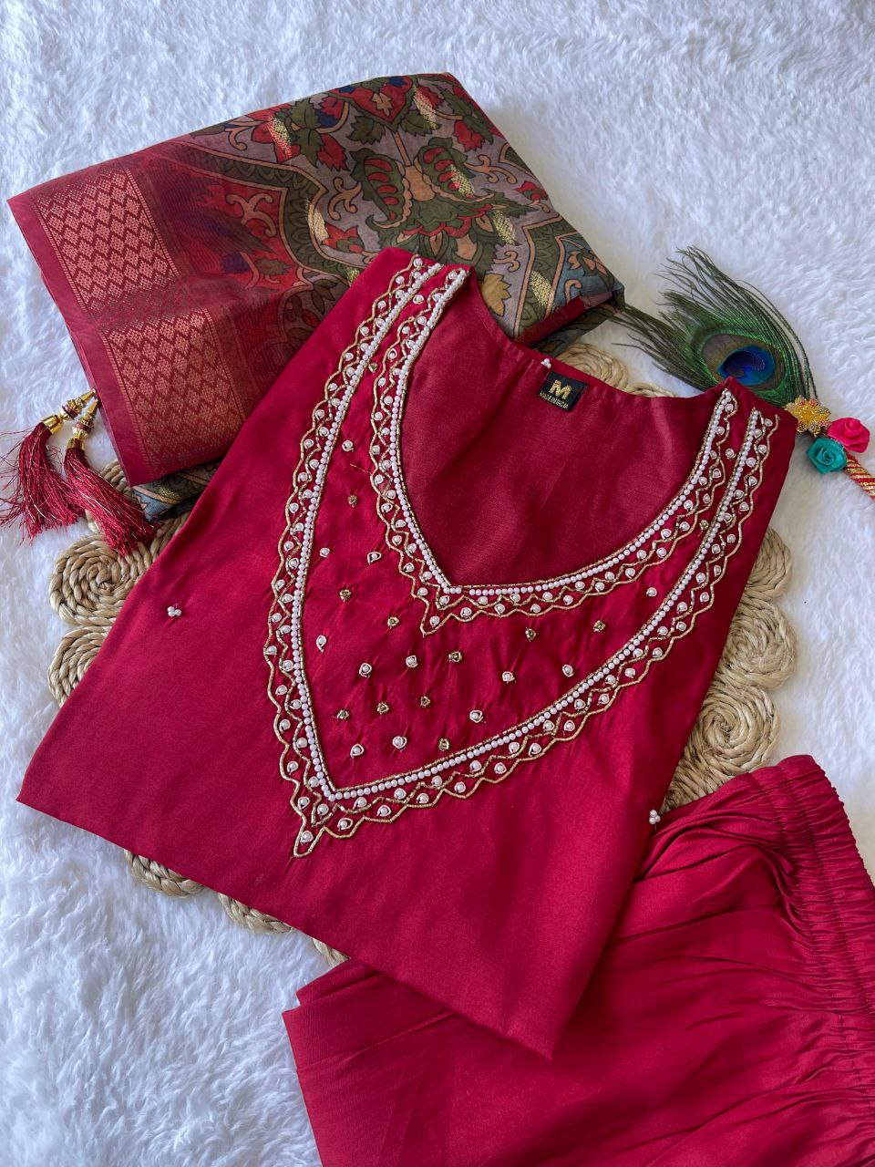 Ethereal Rani Pink Roman Silk Handworked Kurta Pant Dupatta Set - INDIAN ELEGANCE