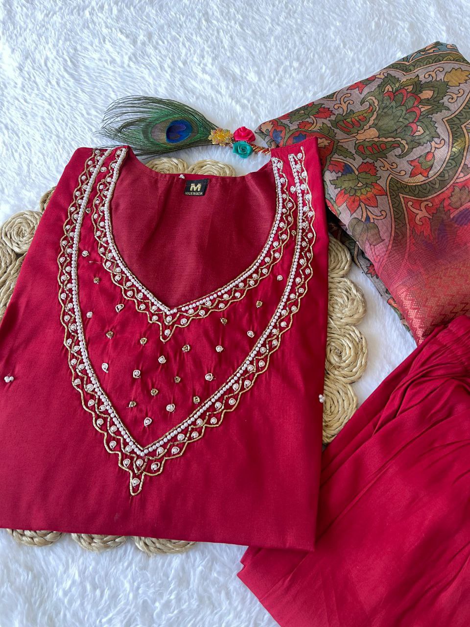 Ethereal Rani Pink Roman Silk Handworked Kurta Pant Dupatta Set - INDIAN ELEGANCE