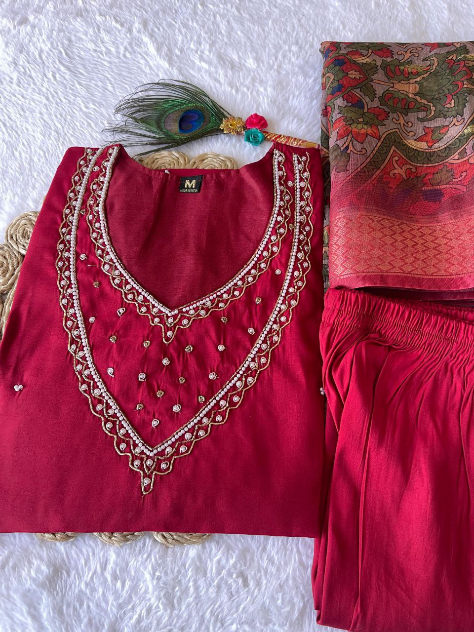 Ethereal Rani Pink Roman Silk Handworked Kurta Pant Dupatta Set - INDIAN ELEGANCE