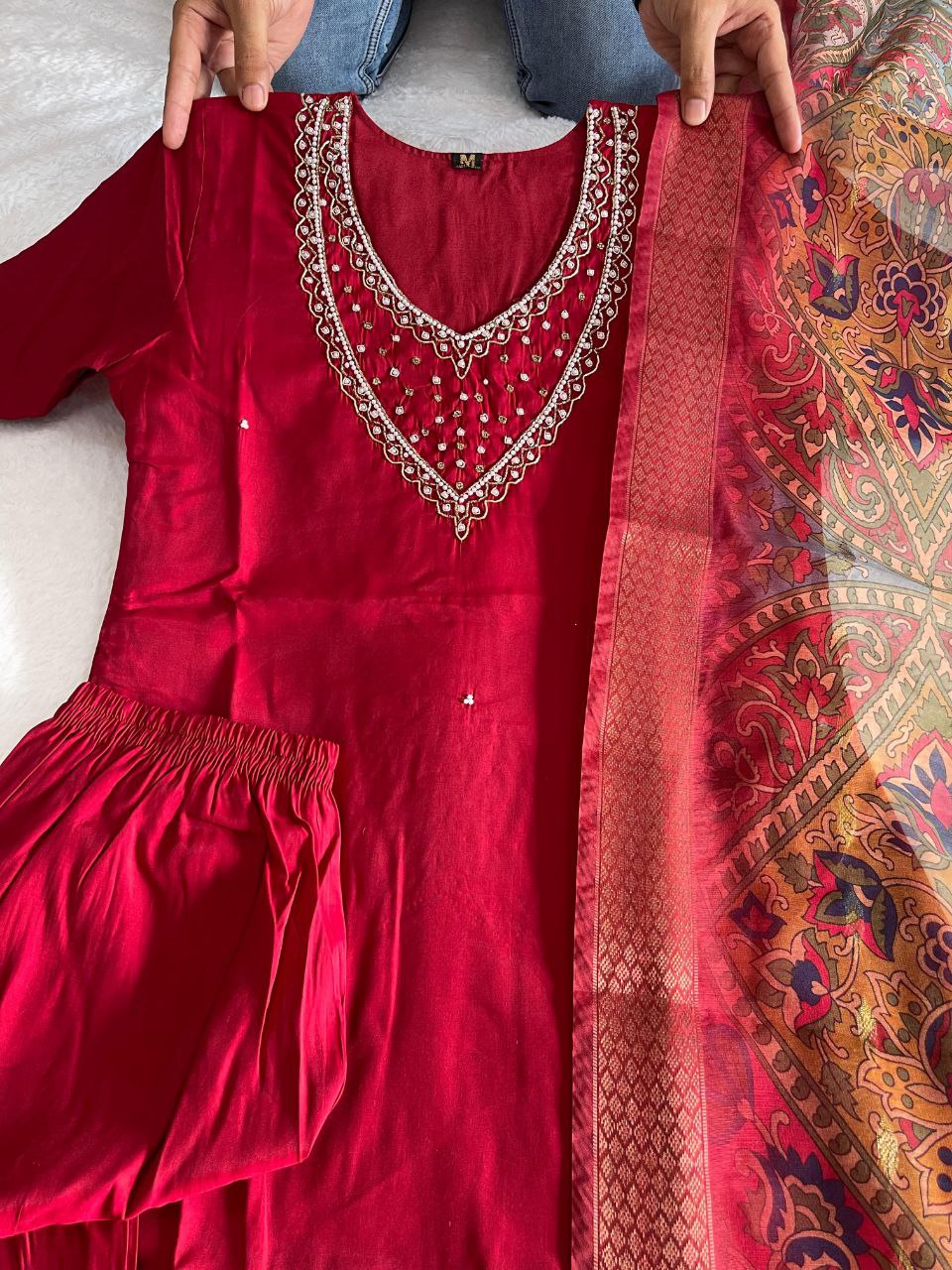 Ethereal Rani Pink Roman Silk Handworked Kurta Pant Dupatta Set - INDIAN ELEGANCE