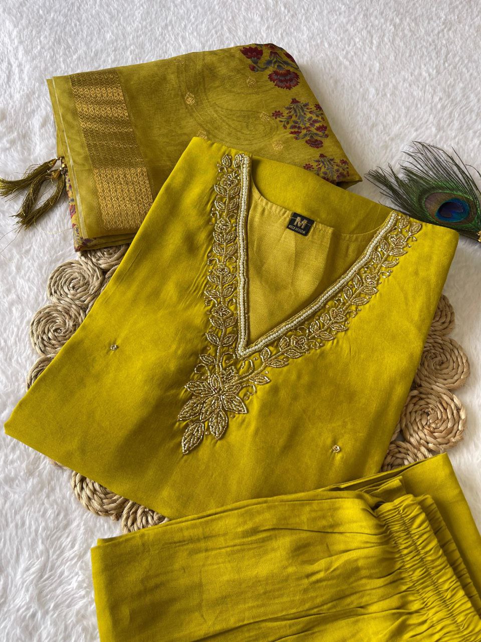 Parrot Green Roman Silk Handworked Kurta Pant Dupatta Set - INDIAN ELEGANCE