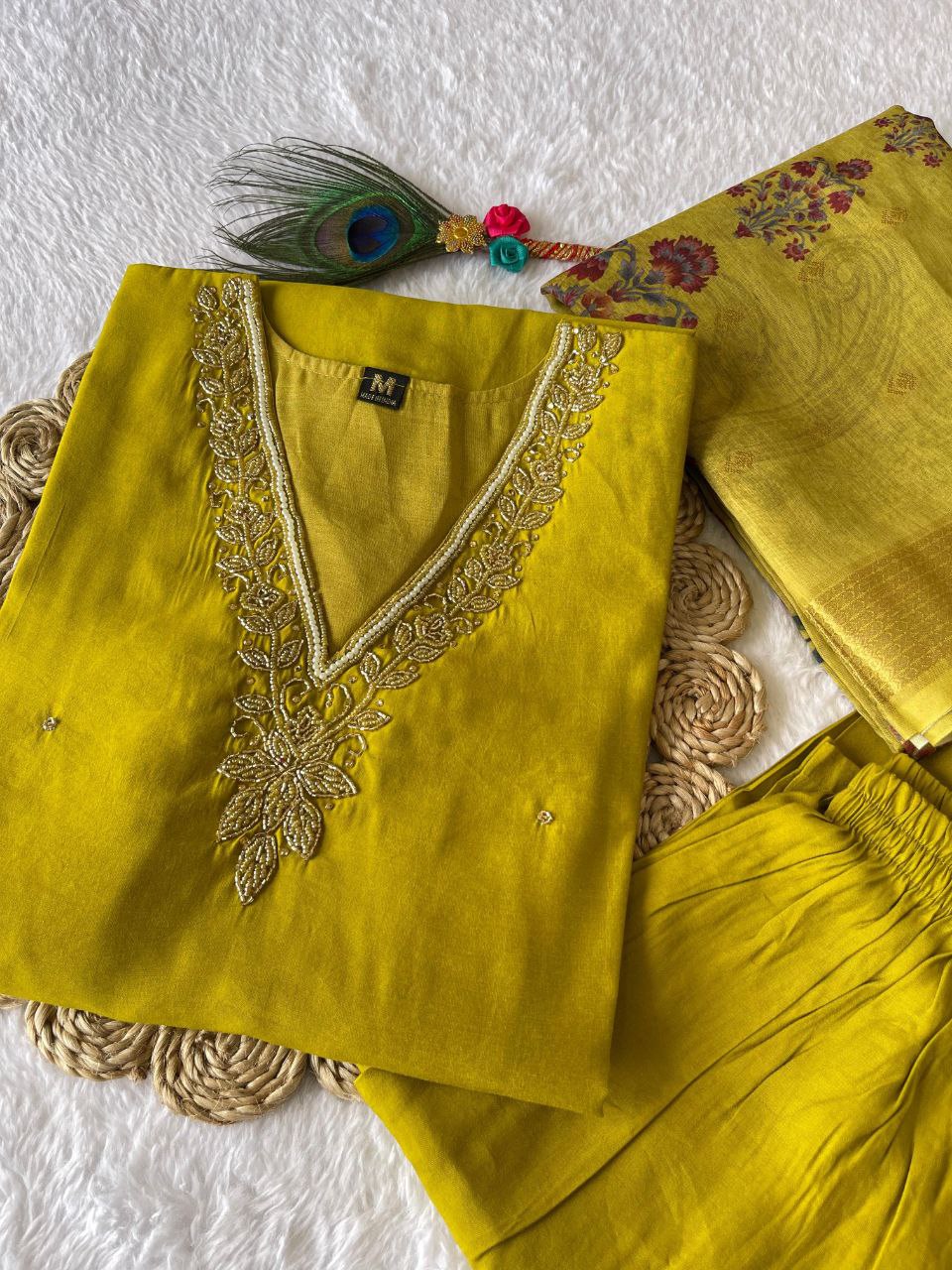 Parrot Green Roman Silk Handworked Kurta Pant Dupatta Set - INDIAN ELEGANCE