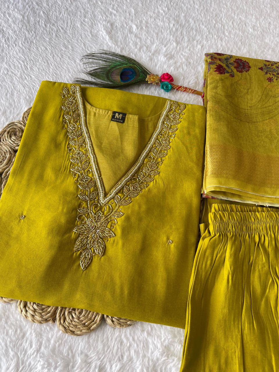 Parrot Green Roman Silk Handworked Kurta Pant Dupatta Set - INDIAN ELEGANCE
