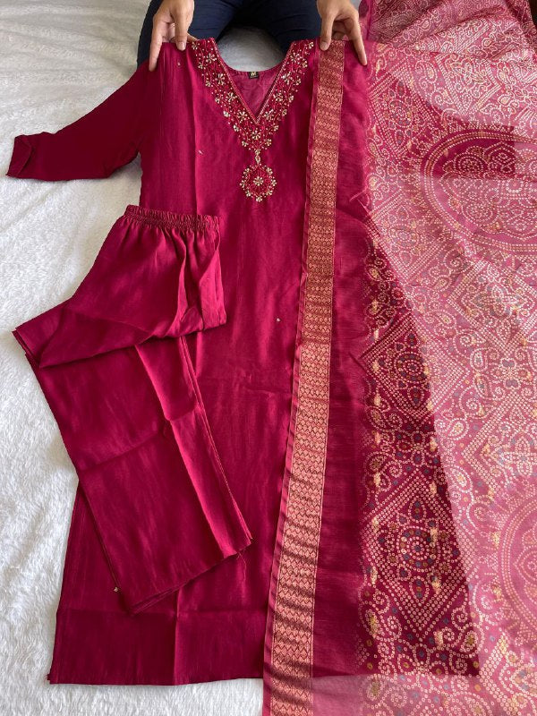 Charming Cherry Roman Silk Handworked Kurta Pant Dupatta Set - INDIAN ELEGANCE