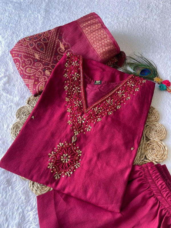 Charming Cherry Roman Silk Handworked Kurta Pant Dupatta Set - INDIAN ELEGANCE