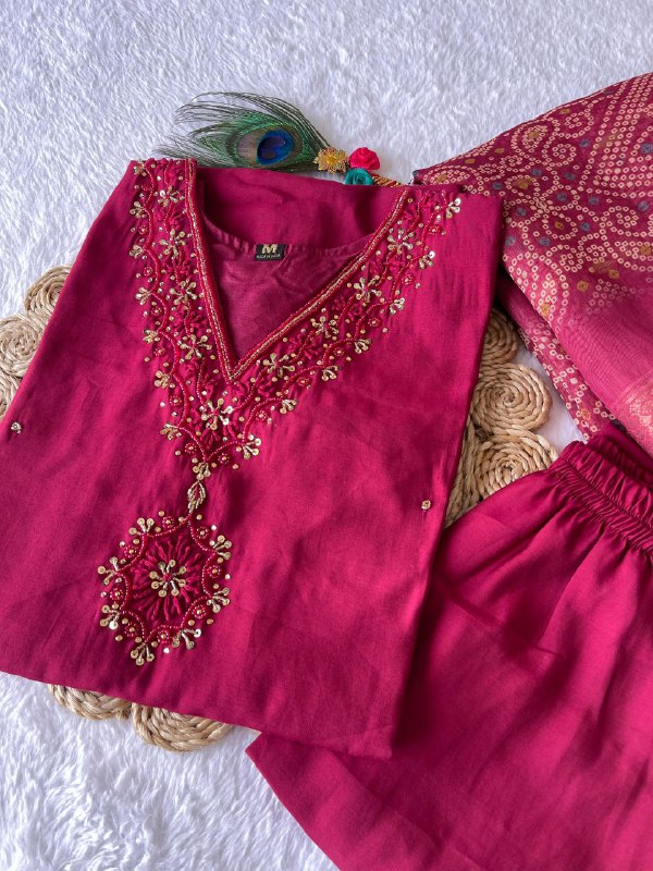 Charming Cherry Roman Silk Handworked Kurta Pant Dupatta Set - INDIAN ELEGANCE