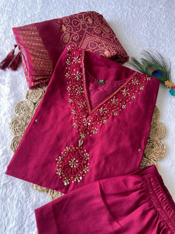 Charming Cherry Roman Silk Handworked Kurta Pant Dupatta Set - INDIAN ELEGANCE