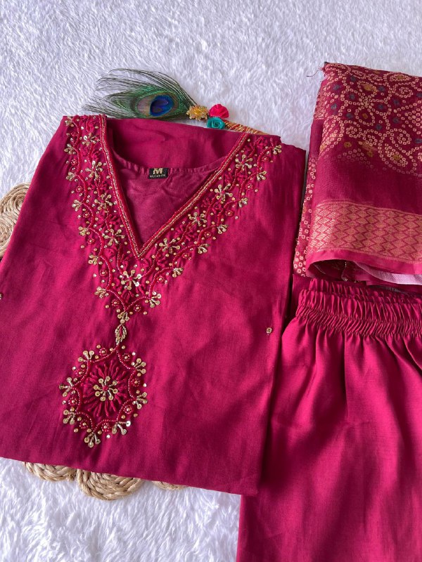 Charming Cherry Roman Silk Handworked Kurta Pant Dupatta Set - INDIAN ELEGANCE