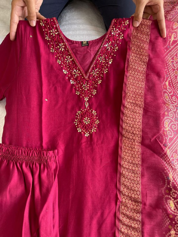 Charming Cherry Roman Silk Handworked Kurta Pant Dupatta Set - INDIAN ELEGANCE