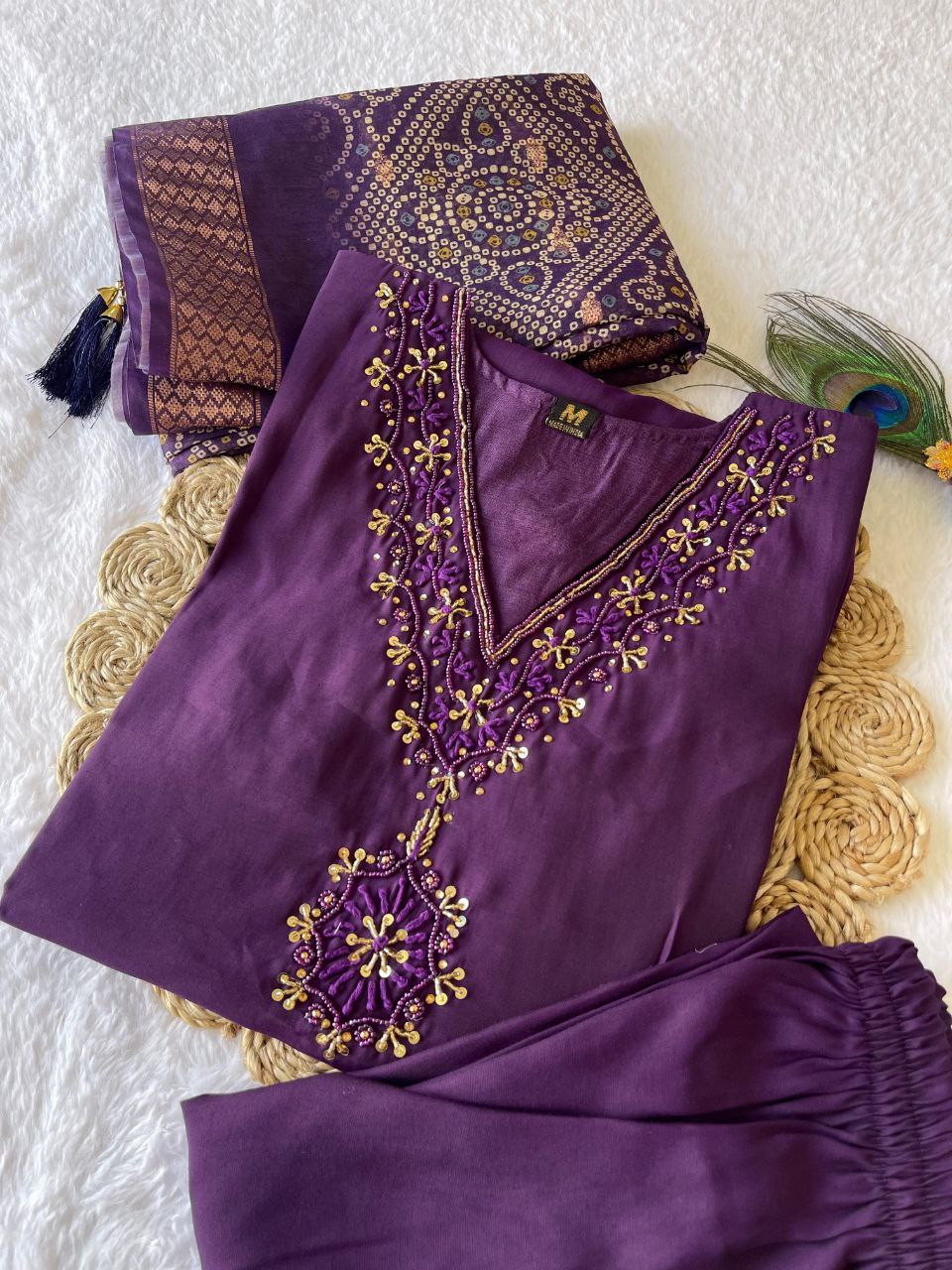 Fascinating Wine Roman Silk Handworked Kurta Pant Dupatta Set - INDIAN ELEGANCE