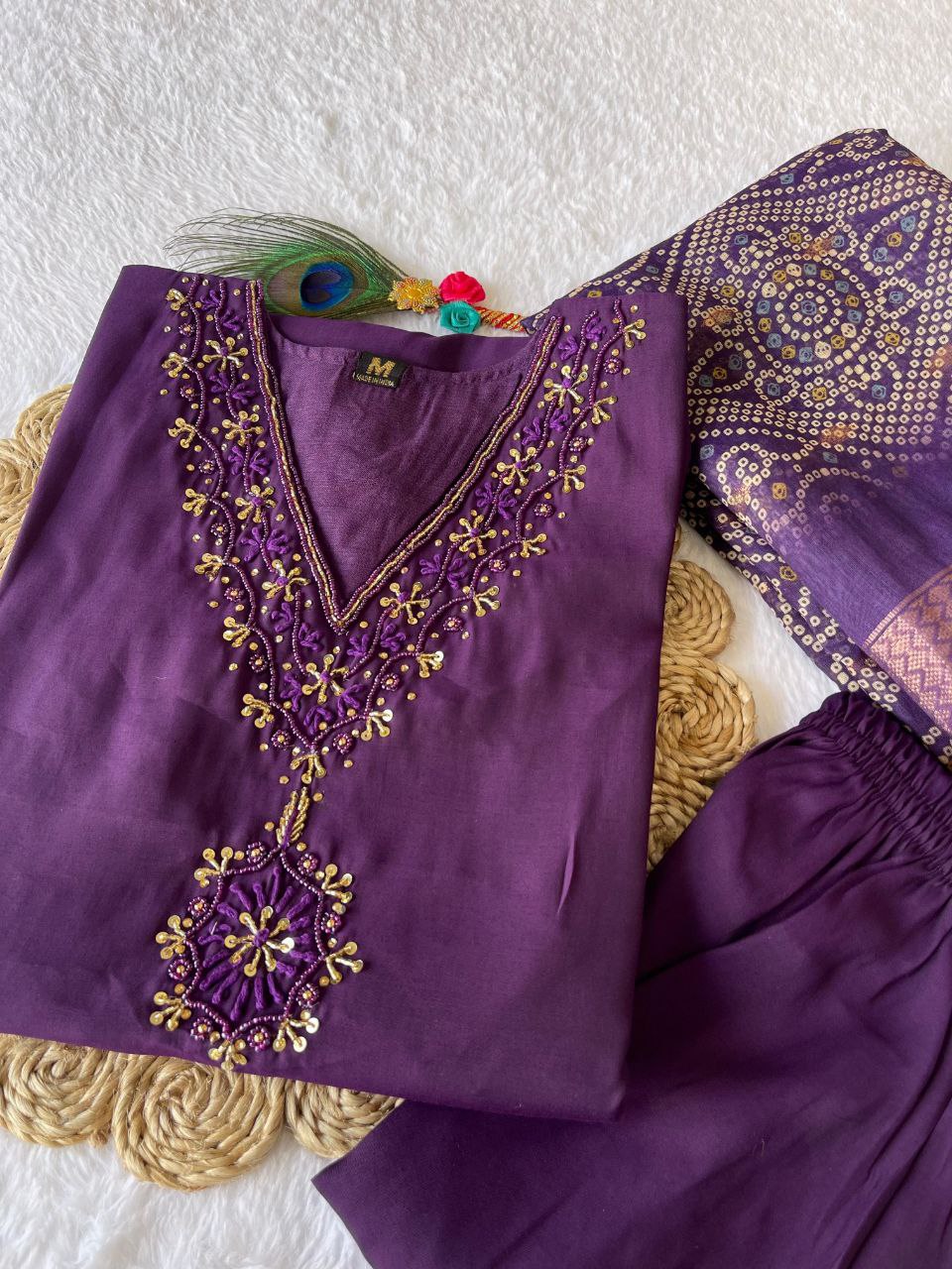 Fascinating Wine Roman Silk Handworked Kurta Pant Dupatta Set - INDIAN ELEGANCE