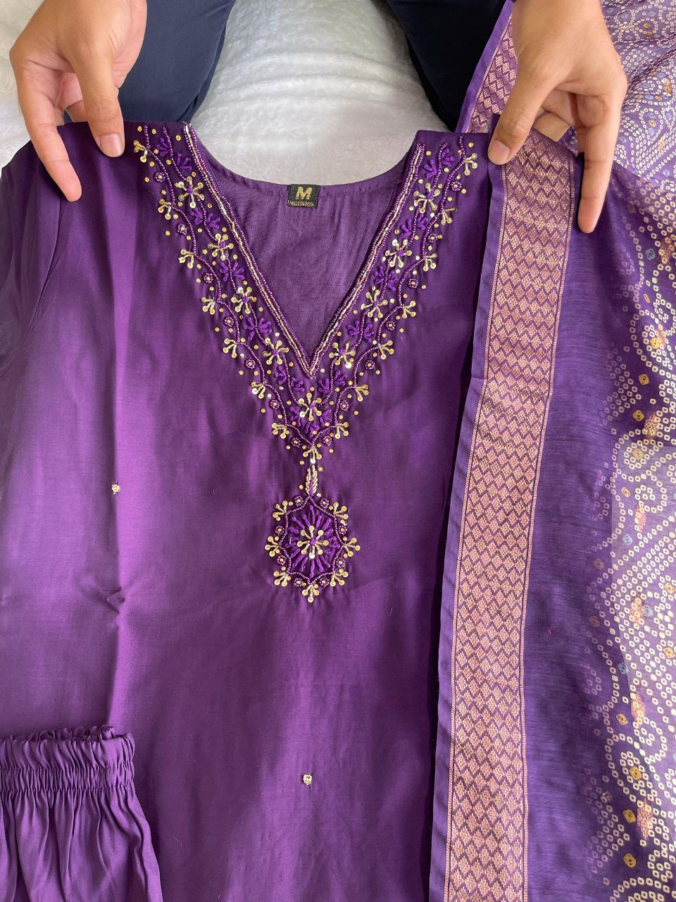 Fascinating Wine Roman Silk Handworked Kurta Pant Dupatta Set - INDIAN ELEGANCE