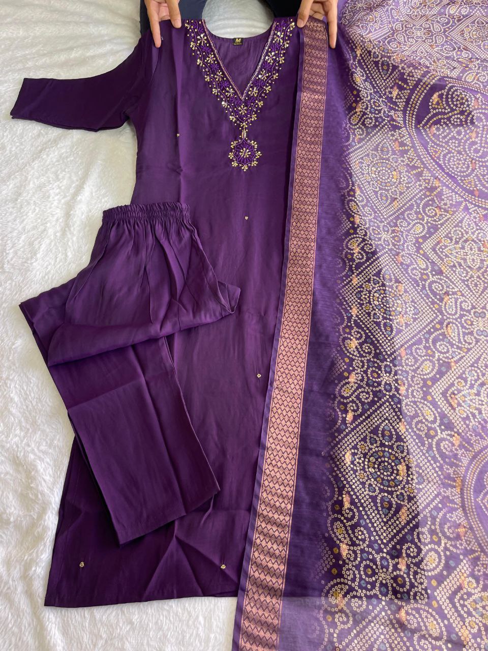 Fascinating Wine Roman Silk Handworked Kurta Pant Dupatta Set - INDIAN ELEGANCE