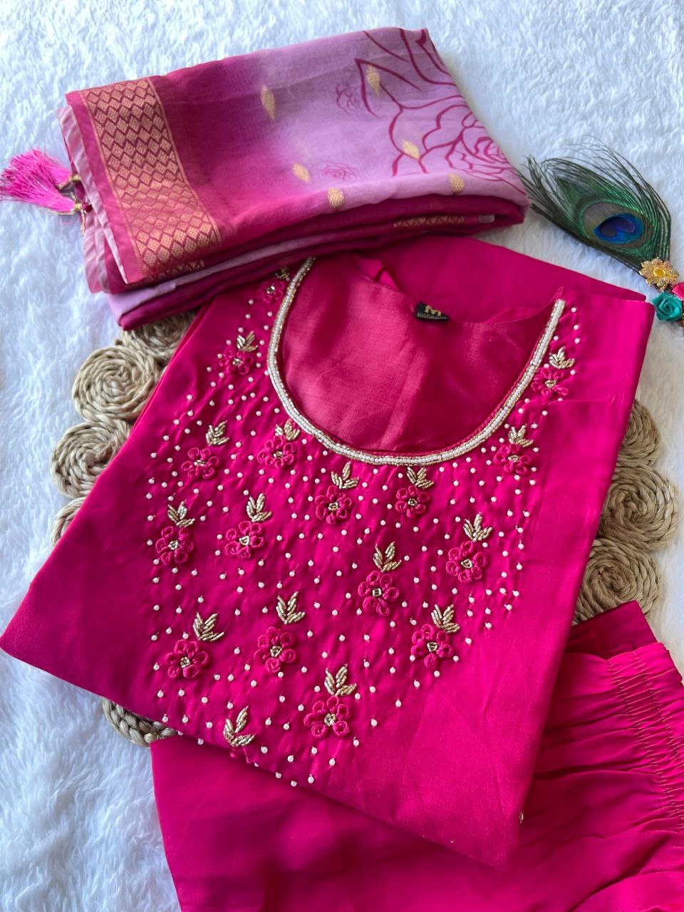 Appealing Rani Pink Roman Silk Handworked Kurta Pant Dupatta Set - INDIAN ELEGANCE