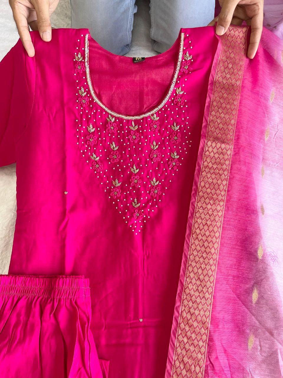 Appealing Rani Pink Roman Silk Handworked Kurta Pant Dupatta Set - INDIAN ELEGANCE