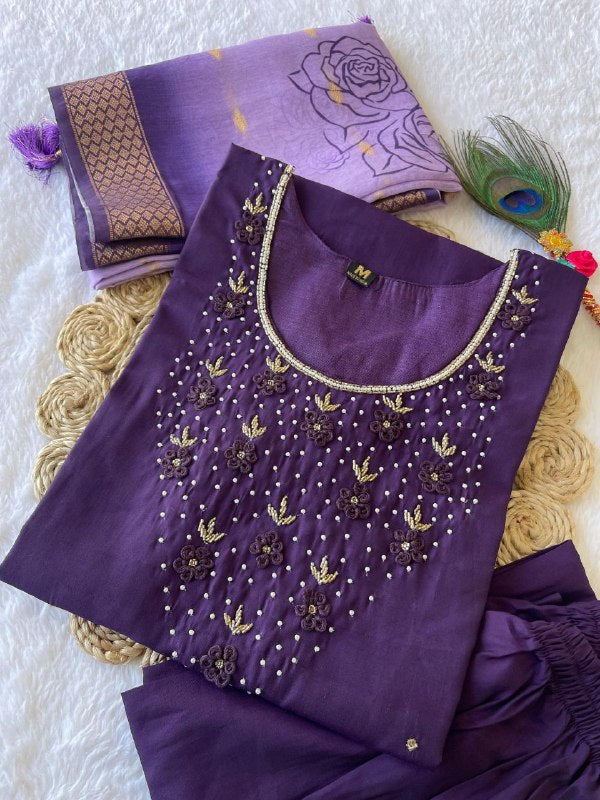 Radiant Wine Roman Silk Handworked Kurta Pant Dupatta Set - INDIAN ELEGANCE