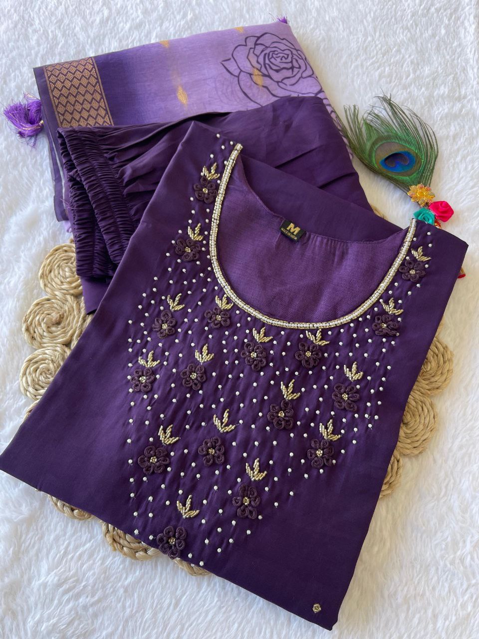 Radiant Wine Roman Silk Handworked Kurta Pant Dupatta Set - INDIAN ELEGANCE