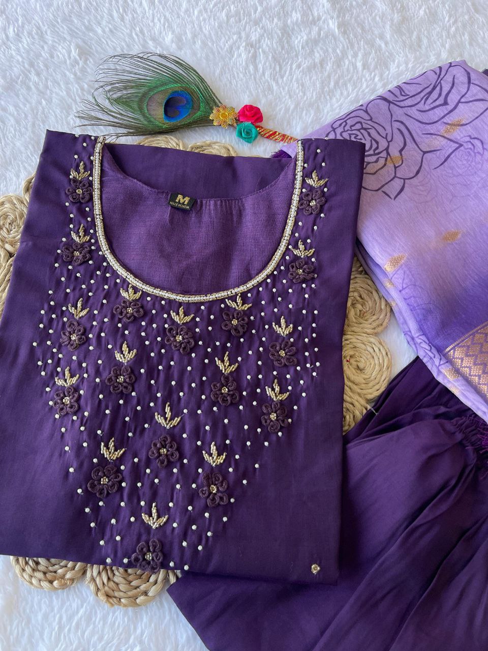 Radiant Wine Roman Silk Handworked Kurta Pant Dupatta Set - INDIAN ELEGANCE