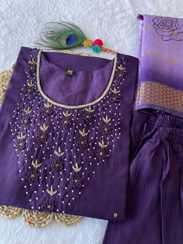 Radiant Wine Roman Silk Handworked Kurta Pant Dupatta Set - INDIAN ELEGANCE