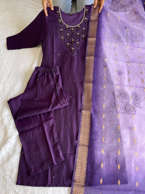 Radiant Wine Roman Silk Handworked Kurta Pant Dupatta Set - INDIAN ELEGANCE