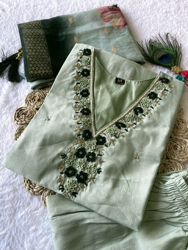 Gorgeous Pista Roman Silk Handworked Kurta Pant Dupatta Set - INDIAN ELEGANCE