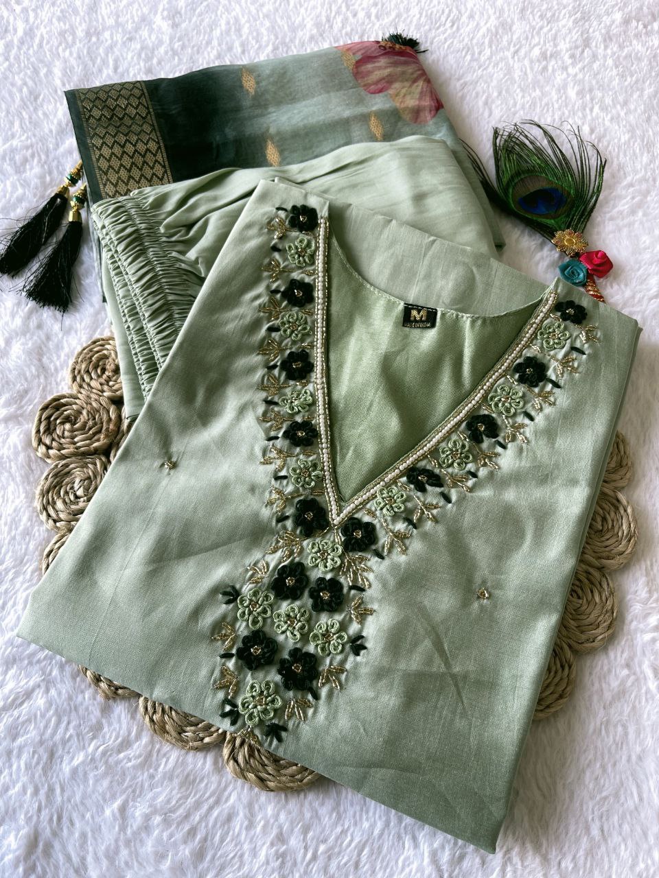 Gorgeous Pista Roman Silk Handworked Kurta Pant Dupatta Set - INDIAN ELEGANCE