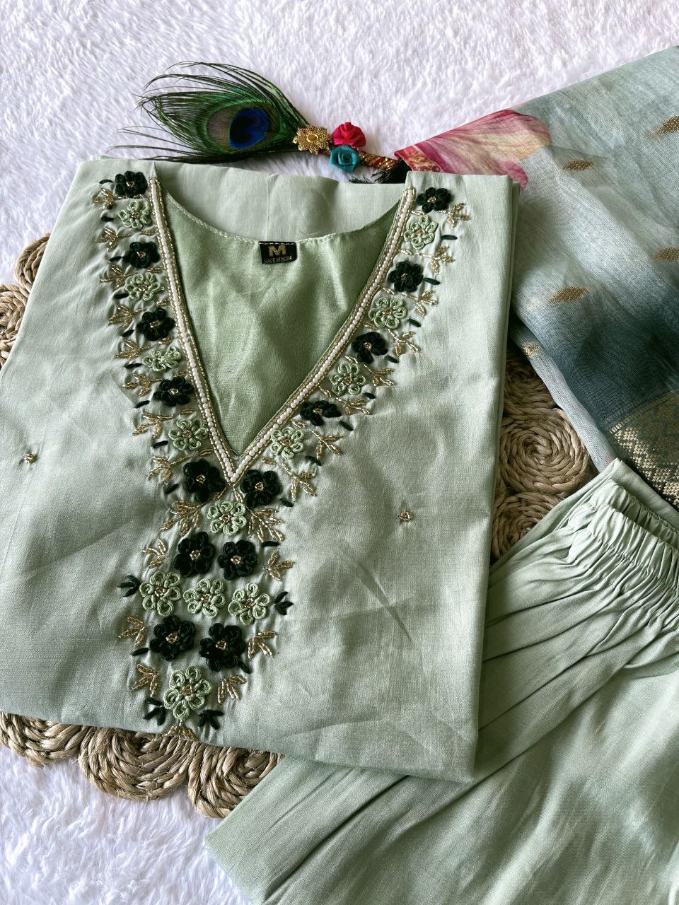 Gorgeous Pista Roman Silk Handworked Kurta Pant Dupatta Set - INDIAN ELEGANCE