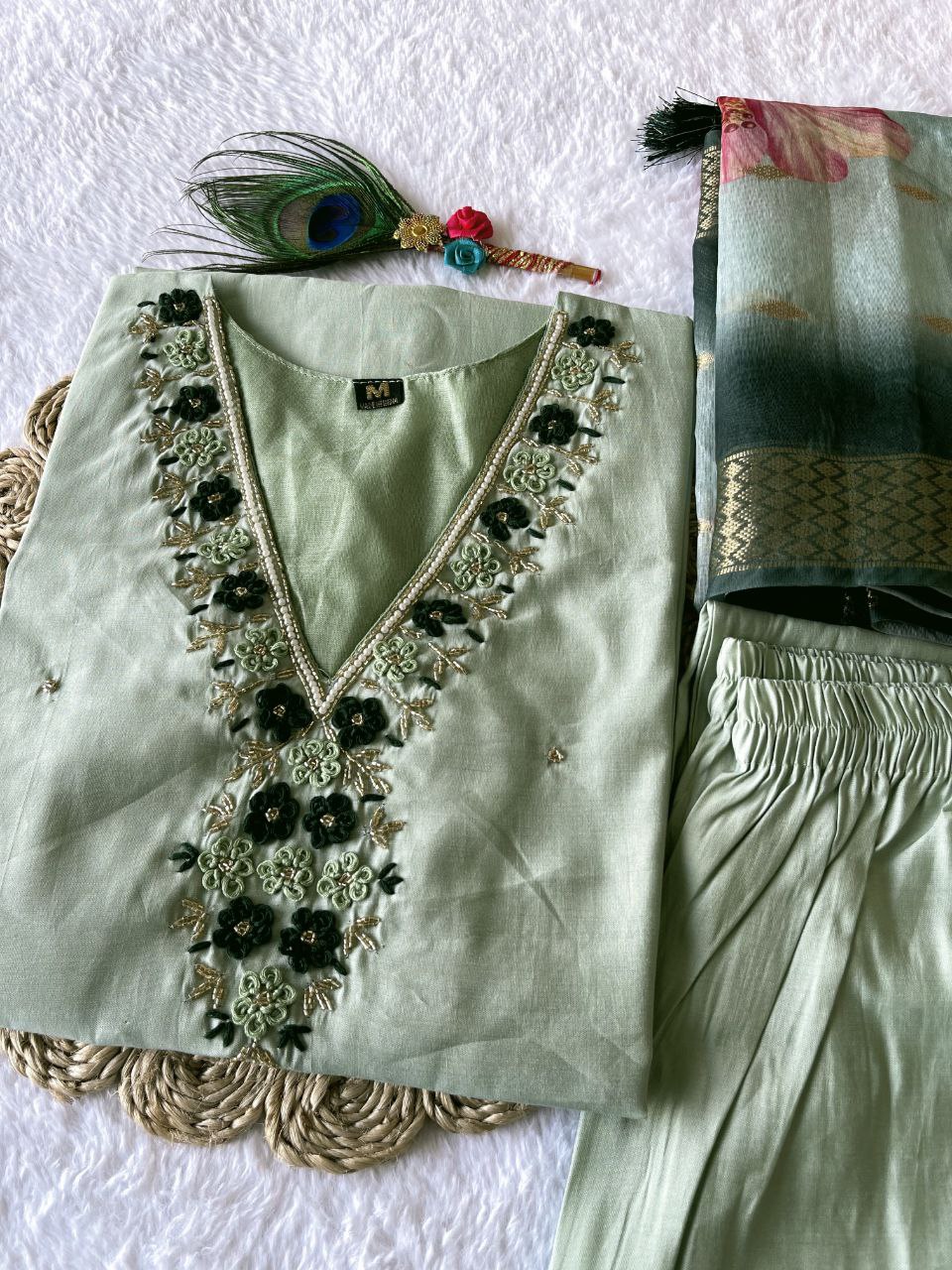 Gorgeous Pista Roman Silk Handworked Kurta Pant Dupatta Set - INDIAN ELEGANCE