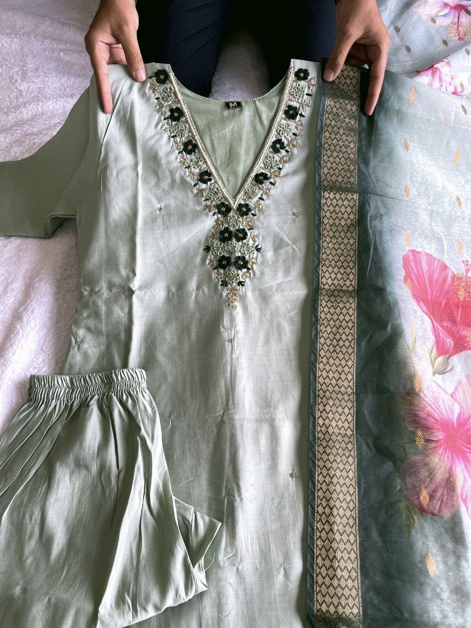 Gorgeous Pista Roman Silk Handworked Kurta Pant Dupatta Set - INDIAN ELEGANCE