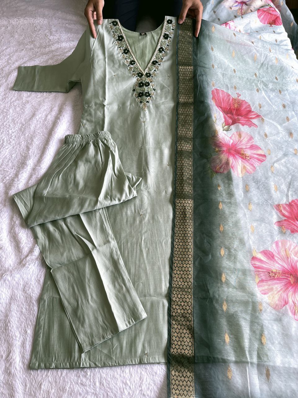 Gorgeous Pista Roman Silk Handworked Kurta Pant Dupatta Set - INDIAN ELEGANCE